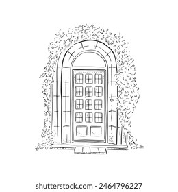 A line drawn illustration of a beautiful front door in a black and white sketch style. Finished with ivy around the door. Vectorised for a variety of uses.	