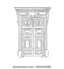 Ilustración de línea de una hermosa puerta de entrada de un hotel o mansión en un estilo de boceto en blanco y negro. Puerta de madera muy decorada. Vectorizado para una variedad de usos.