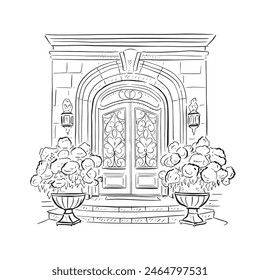 Ilustración de línea de una hermosa puerta de entrada de un hotel o mansión en un estilo de boceto en blanco y negro. Acabado con hortensias en macetas a ambos lados de la puerta. Vectorizado para una variedad de usos.