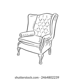 A line drawn illustration of a black and white leather chair in a classic style. Drawn by hand in a sketchy style and. vectorised for a variety of uses.