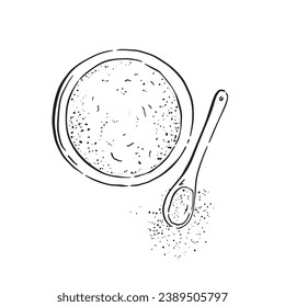 A line drawn illustration of a bowl with turmeric powder inside. It could be any other food such as salt or garlic powder too!