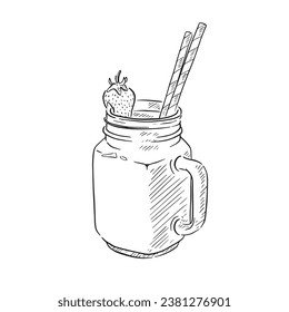 A line drawn illustration of a breakfast smoothie with two eco straws, a strawberry and in a ramekin style jar.
