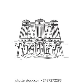 A line drawn illustration of Caesars Palace Hotel in Las Vegas. Drawn by hand in a quick sketch style. Black Vector.