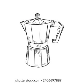 A line drawn illustration of a cafetiere, A black and white hand drawn illustration in a sketchy style, digitised and vectorised for a wide range of uses. 