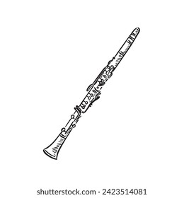 A line drawn illustration of a clarinet in black and white. Vectorised digitally for a variety of uses. Drawn by hand in a sketchy style.