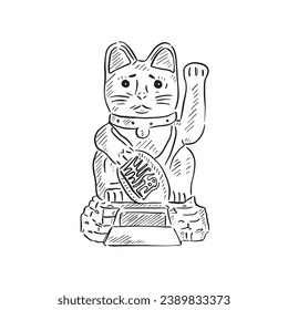 A line drawn illustration of a classic Japanese trinket; the Lucky Cat. Hand drawn on Procreate using an Apple Pencil and featuring line shading in black and white.