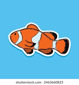 A line drawn illustration of a clownfish, shaded with lines. Illustration of a sea with a nemo fish. Isolated Cute Nemo Fish Cartoon Vector Illustration Design isolated in a blue background