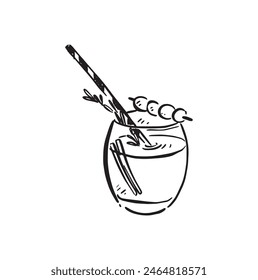 A line drawn illustration of a cocktail in a sketchy style. Black and white sketch, vectorised for a wide variety of uses.