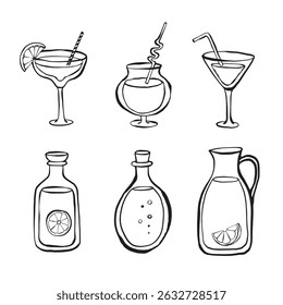 A line drawn illustration of cocktails and bottels in a sketchy style.