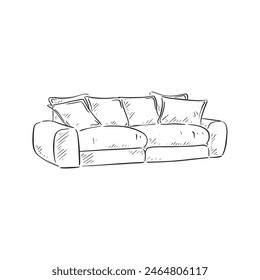 A line drawn illustration of a comfortable sofa with four cushions in black and white. Drawn by hand in a sketchy style and vectorised for a variety of uses.	