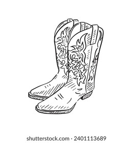 A line drawn illustration of cowboy boots in black and white line drawing. The boots have a traditional pattern inspired by the Wild West and other films. Vectorised digitally.