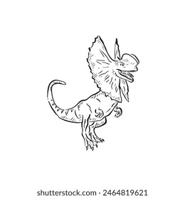 A line drawn illustration of a dilophosaurus. Hand drawn in black and white and shaded using lines. A simple sketchy style illustration vectorised for many uses.
