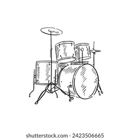 A line drawn illustration of a drum kit in black and white. Vectorised digitally for a variety of uses. Drawn by hand in a sketchy style.