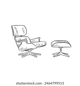 Ilustración de línea dibujada de una silla Eames en blanco y negro. Dibujado a mano en un estilo esquemático y vectorizado para una variedad de usos.