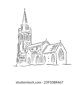 Eine in Linien gezeichnete Illustration der Fassade einer britischen Kirche in Schwarz-Weiß. Handgezeichnet in einem skizzenhaften Stil auf Procreate mit einem Apple-Stift. 