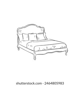 A line drawn illustration of a French style upholstered bed in black and white. Drawn by hand in a sketchy style and vectorised for a variety of uses.