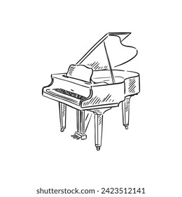 A line drawn illustration of a grand piano in black and white. Vectorised digitally for a variety of uses. Drawn by hand in a sketchy style.
