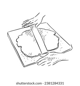 A line drawn illustration of hands, a rolling pin and pastry indicating pastry rolling.