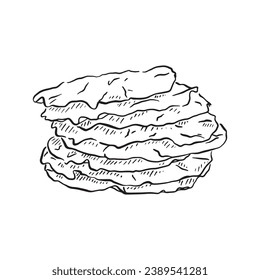 A line drawn illustration of Indian Poppadoms. Hand drawn stack of Indian cuisine, created on Procreate with an apple pencil. 