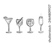 A line drawn illustration of individual cocktails in a sketchy style. Black and white sketch, vectorised for a wide variety of uses. This file consists of 4 individual vectors.