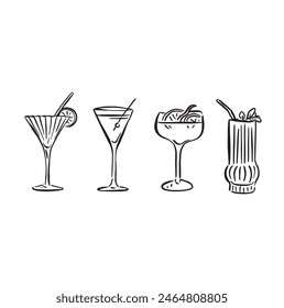 A line drawn illustration of individual cocktails in a sketchy style. Black and white sketch, vectorised for a wide variety of uses. This file consists of 4 individual vectors.