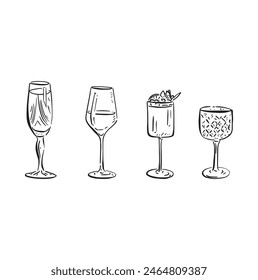 A line drawn illustration of individual cocktails in a sketchy style. Black and white sketch, vectorised for a wide variety of uses. This file consists of 4 individual vectors.