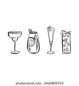 A line drawn illustration of individual cocktails in a sketchy style. Black and white sketch, vectorised for a wide variety of uses. This file consists of 4 individual vectors.