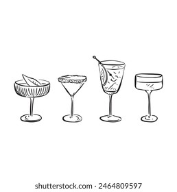 Eine Strichzeichnung einzelner Cocktails in einem skizzenhaften Stil. Schwarz-Weiß-Skizze, vektorisiert für eine Vielzahl von Verwendungen. Diese Datei besteht aus 4 individuellen Vektorgrafiken.