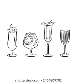 A line drawn illustration of individual cocktails in a sketchy style. Black and white sketch, vectorised for a wide variety of uses. This file consists of 4 individual vectors.