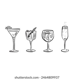 A line drawn illustration of individual cocktails in a sketchy style. Black and white sketch, vectorised for a wide variety of uses. This file consists of 4 individual vectors.