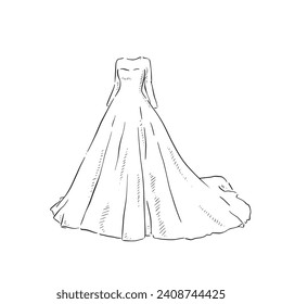 A line drawn illustration of a long sleeved wedding dress, which could be used for bridal boutiques, wedding blogs and so much more. Vectorised for a wide range of uses.