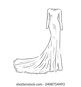 A line drawn illustration of a long sleeved sleek figure hugging dress with a lace train, which could be used for bridal boutiques, wedding blogs and so much more. Vectorised for a wide range of uses.