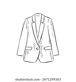 Eine Linie gezeichnete Illustration eines langen Damen Jacke Blazer. Handgezeichnete Damenmode im skizzenhaften Stil.