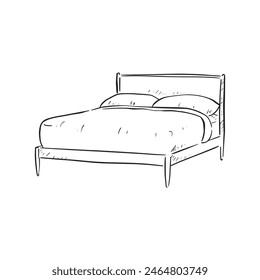 A line drawn illustration of a modern style bed in black and white. Drawn by hand in a sketchy style and vectorised for a variety of uses.