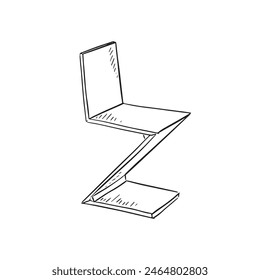 A line drawn illustration of a modern Zed chair in black and white. Drawn by hand in a sketchy style and vectorised for a variety of uses.