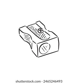 A line drawn illustration of a pencil sharpener in black and white. All drawn by hand.