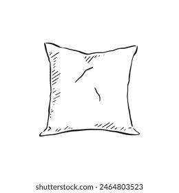 A line drawn illustration of a pillow in black and white. Drawn by hand in a sketchy style and vectorised for a variety of uses.