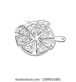 A line drawn illustration of a pizza, cut into slices on a wooden board. Hand drawn in black and white and created on Procreate using an Apple Pencil. 