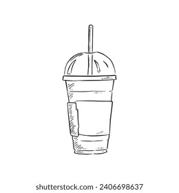 A line drawn illustration of a plastic disposable coffee cup, suitable for cold coffee shop drinks such as smoothies, iced coffee and iced tea. Drawn by hand in a sketchy style and vectorised.