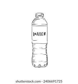 A line drawn illustration of a plastic water bottle with the word 'water' on the label. Hand drawn and vectorised for a wide range of uses. Sketchy hand drawn style. 