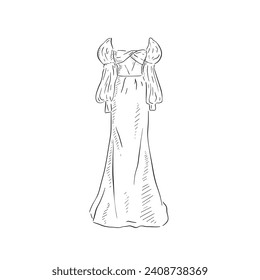 A line drawn illustration of a puffball sleeve classic wedding dress, which could be used for bridal boutiques, wedding blogs and so much more. Vectorised for a wide range of uses.