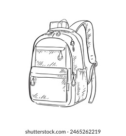 Una línea dibujada ilustración de una mochila, dibujada a mano en blanco y negro y digitalizada.