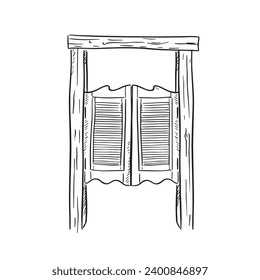 Line drawn illustration of saloon doors in black and white. Drawn by hand and vectorised in a sketchy style. Inspiration taken from the Wild West and saloon bars. 