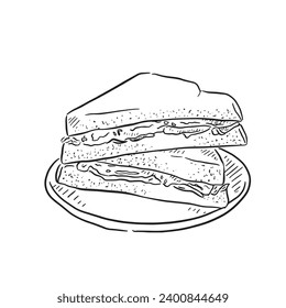 A line drawn illustration of a sandwich cut into two triangles on a plate. Filled with peanut butter and jelly. Created by hand and digitised to create a sketch style vector. 