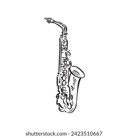 A line drawn illustration of a saxophone in black and white. Vectorised digitally for a variety of uses. Drawn by hand in a sketchy style.