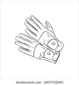 Ilustración dibujada en línea de un par de guantes de estilo esquemático. Dibujado a mano en blanco y negro. 