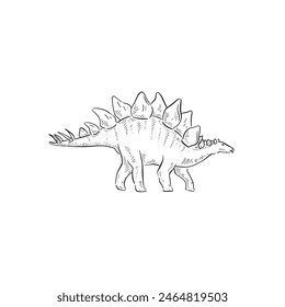 A line drawn illustration of a stegosaurus. Hand drawn in black and white and shaded using lines. A simple sketchy style illustration vectorised for many uses.