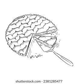 A line drawn illustration of a tart decorated in the feathered style. This illustration includes a slice removing some of the tart with crumbs around the edge.