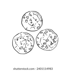 A line drawn illustration of three cookies with chocolate chips. Hand drawn digitally and vectorised to use for cafes, signs, recipes, blogs and so much more. 