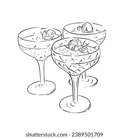 A line drawn illustration of three cut glass champagne coupe glasses with a garnish in the top of each one. Perfect for a wedding themed design.